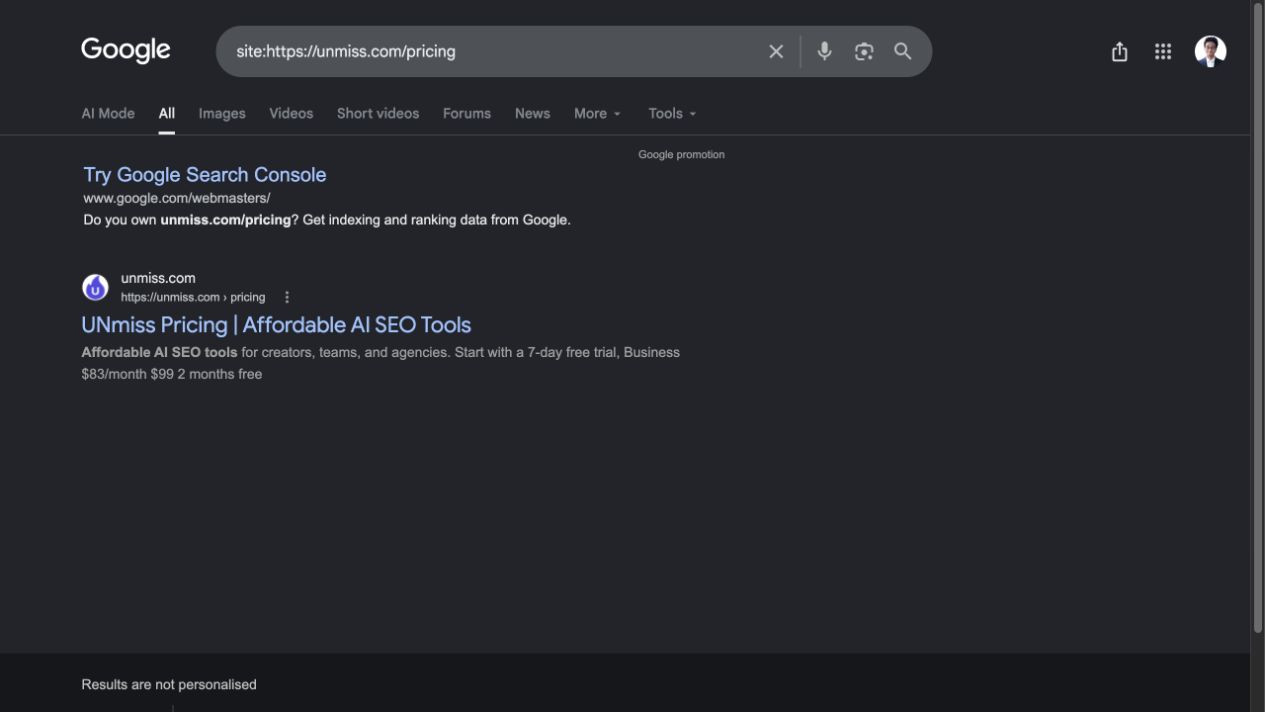 Live Google results used to compare rendered titles and descriptions against the source metadata from ten UNmiss pages.