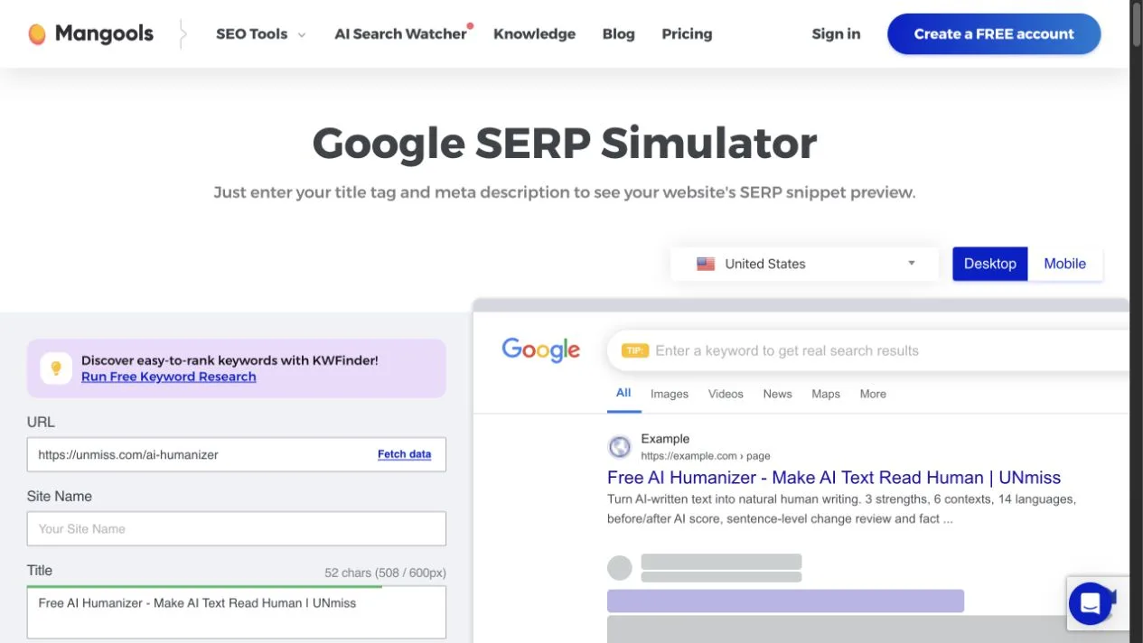 Mangools SERP Simulator showing the same AI Humanizer title and description during the repeated ten-page test.