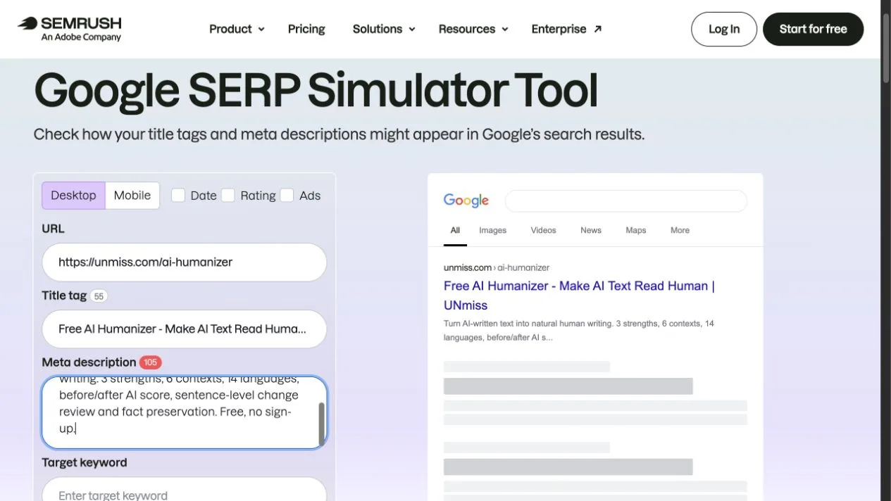 Semrush SERP Simulator rendering the same long AI Humanizer title and description used across all tools.