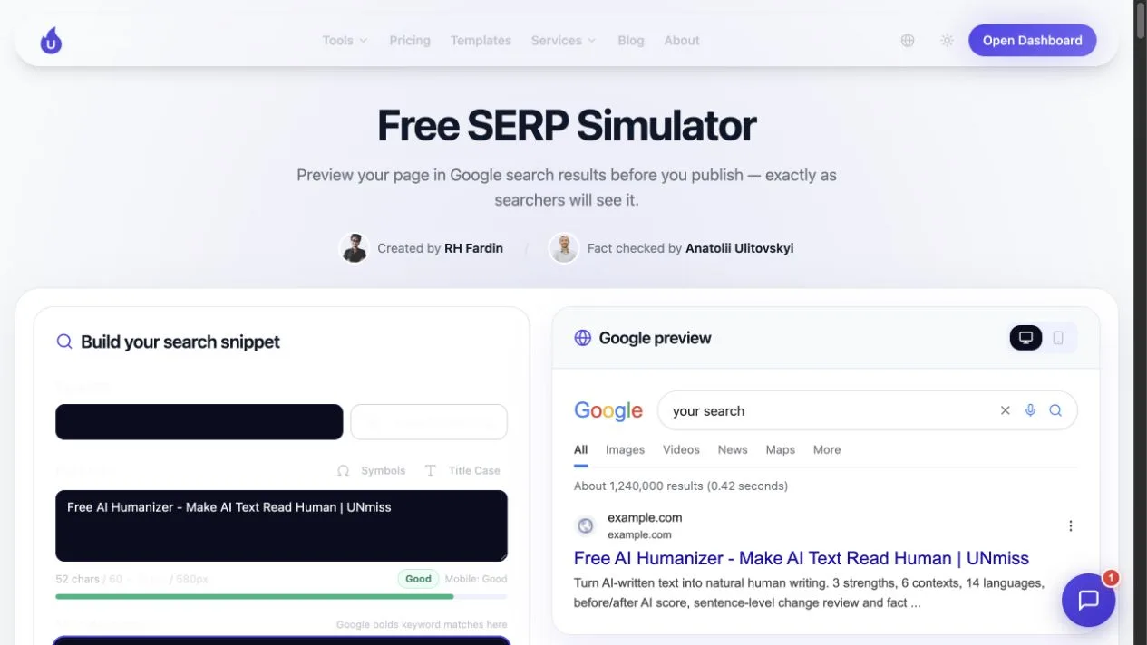UNmiss SERP Simulator showing the long AI Humanizer title and description during the repeated ten-page test.