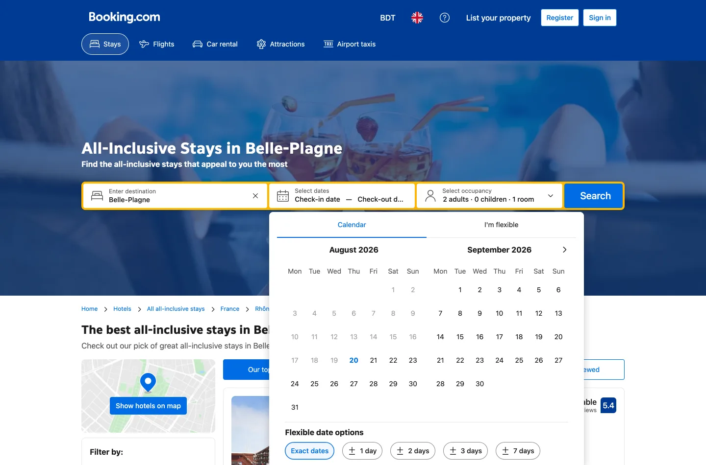 A Booking.com all-inclusive hotels page for a French city, showing a heading, a list of properties with prices and review scores, and filters.