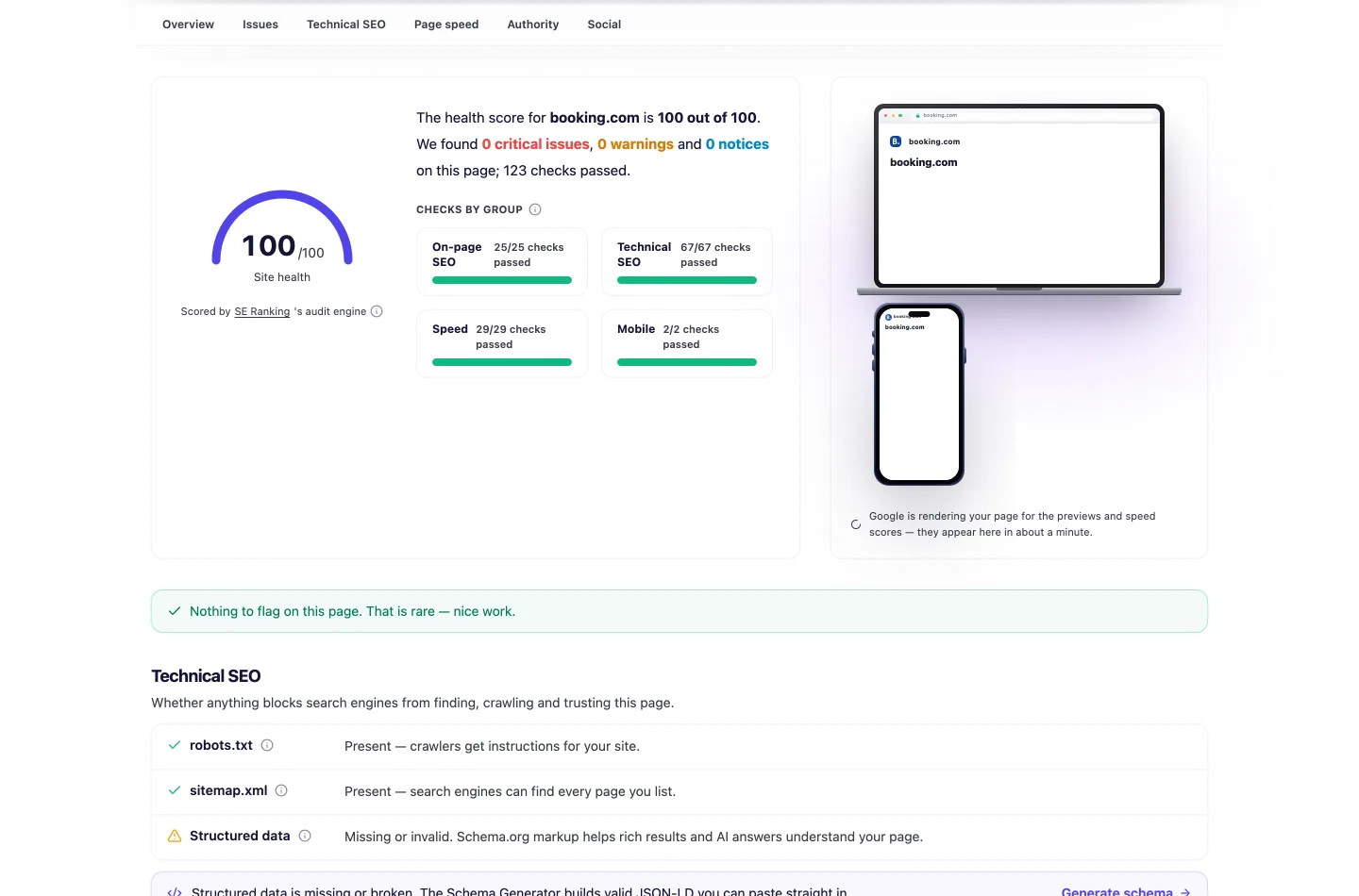 UNmiss Website Audit result for booking.com showing a health score of 100 out of 100 with zero critical issues, zero warnings and zero notices, 123 checks passed, and perfect group scores of 25 of 25 on-page, 67 of 67 technical, 29 of 29 speed and 2 of 2 mobile.