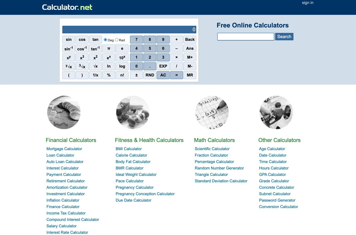 The Calculator.net homepage: a plain blue and white layout with a scientific calculator at the top and four columns of text links to financial, health, math and other calculators.