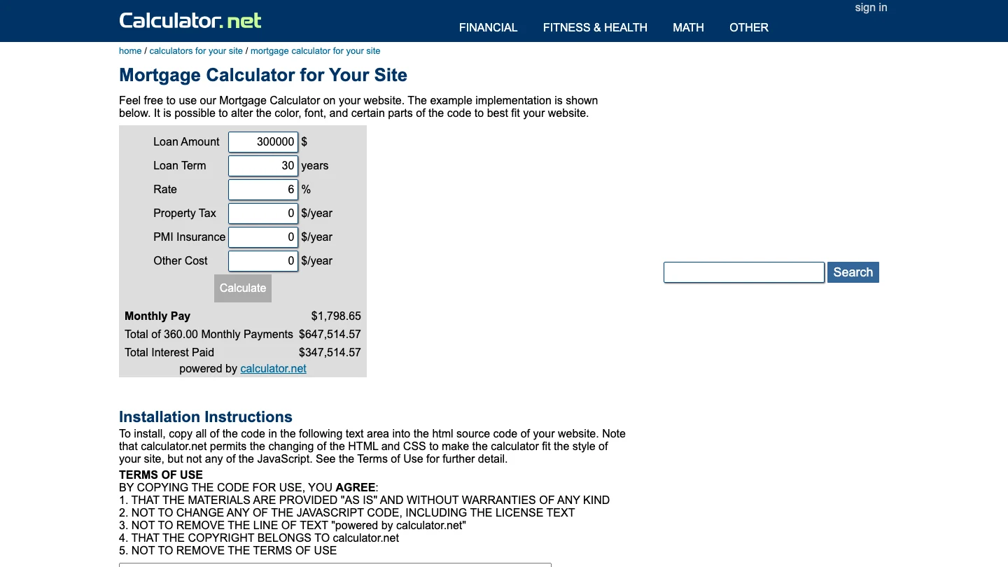 Calculator.net's Mortgage Calculator for Your Site page: a sample embeddable calculator ending in a powered by calculator.net link, and terms of use whose rule 3 says not to remove the line of text powered by calculator.net.