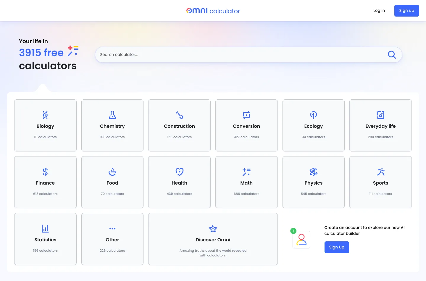 The Omni Calculator homepage: a clean modern design headed "Your life in 3915 free calculators", with a search bar and category cards for biology, chemistry, finance, health, maths, physics and more, each showing how many calculators it holds.