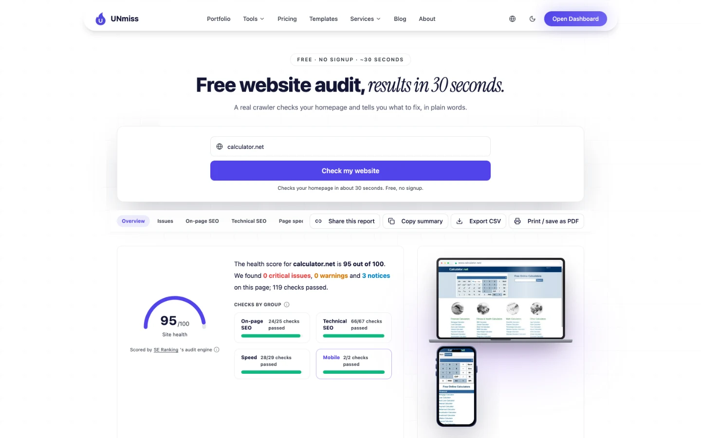 UNmiss Website Audit for calculator.net scoring 95 out of 100 site health, with 0 critical issues, 0 warnings, 3 notices and 119 checks passed.