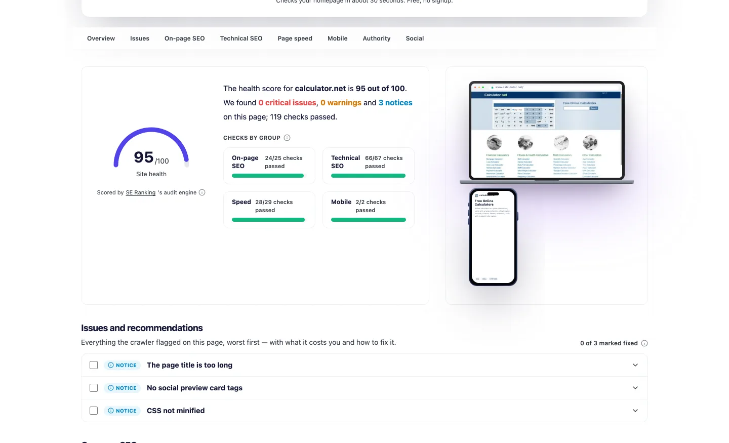 UNmiss Website Audit report for calculator.net showing a site health score of 95 out of 100, zero critical issues, zero warnings, three notices and 119 checks passed.