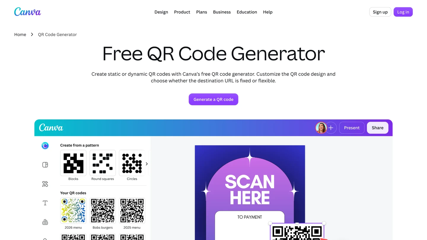 Canva's free QR code generator page: the headline Free QR Code Generator, a one-line explanation, a Generate a QR code button, and a preview of the Canva editor with QR code patterns and a Scan Here poster.
