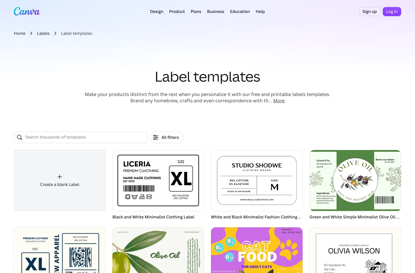 A Canva label templates page showing a grid of user-made label designs with a short heading and filters above them.