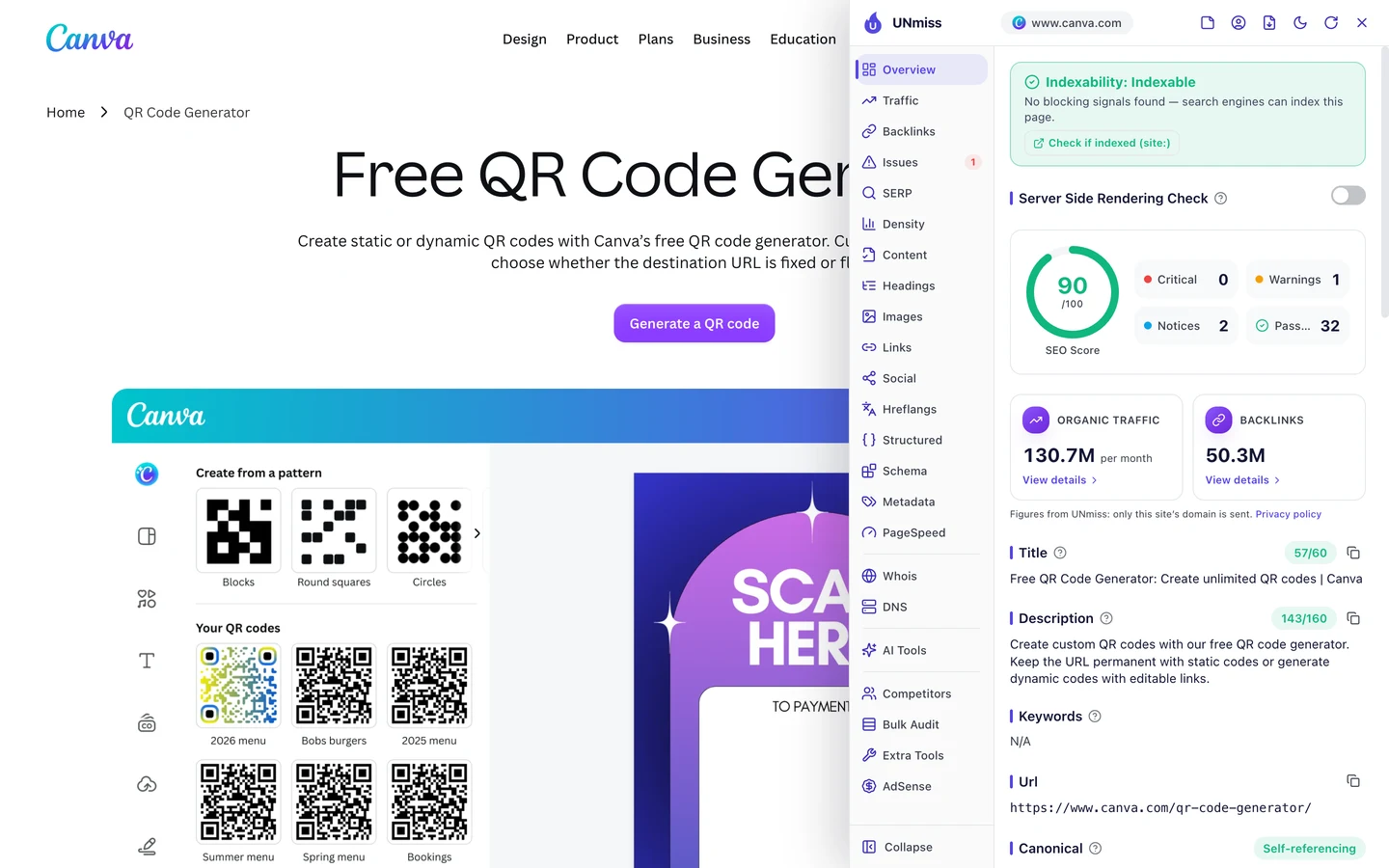 The UNmiss browser extension open on canva.com/qr-code-generator: indexable, an SEO score of 90 out of 100 with 0 critical issues, 1 warning, 2 notices and 32 passed checks, and the title Free QR Code Generator: Create unlimited QR codes | Canva at 57 of 60 characters.
