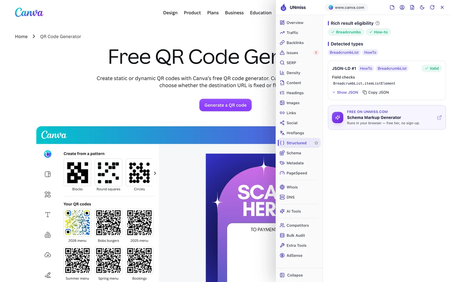 The UNmiss browser extension Structured tab on Canva's QR code generator: rich result eligibility for Breadcrumbs and How-to, with a valid JSON-LD block containing HowTo and BreadcrumbList.