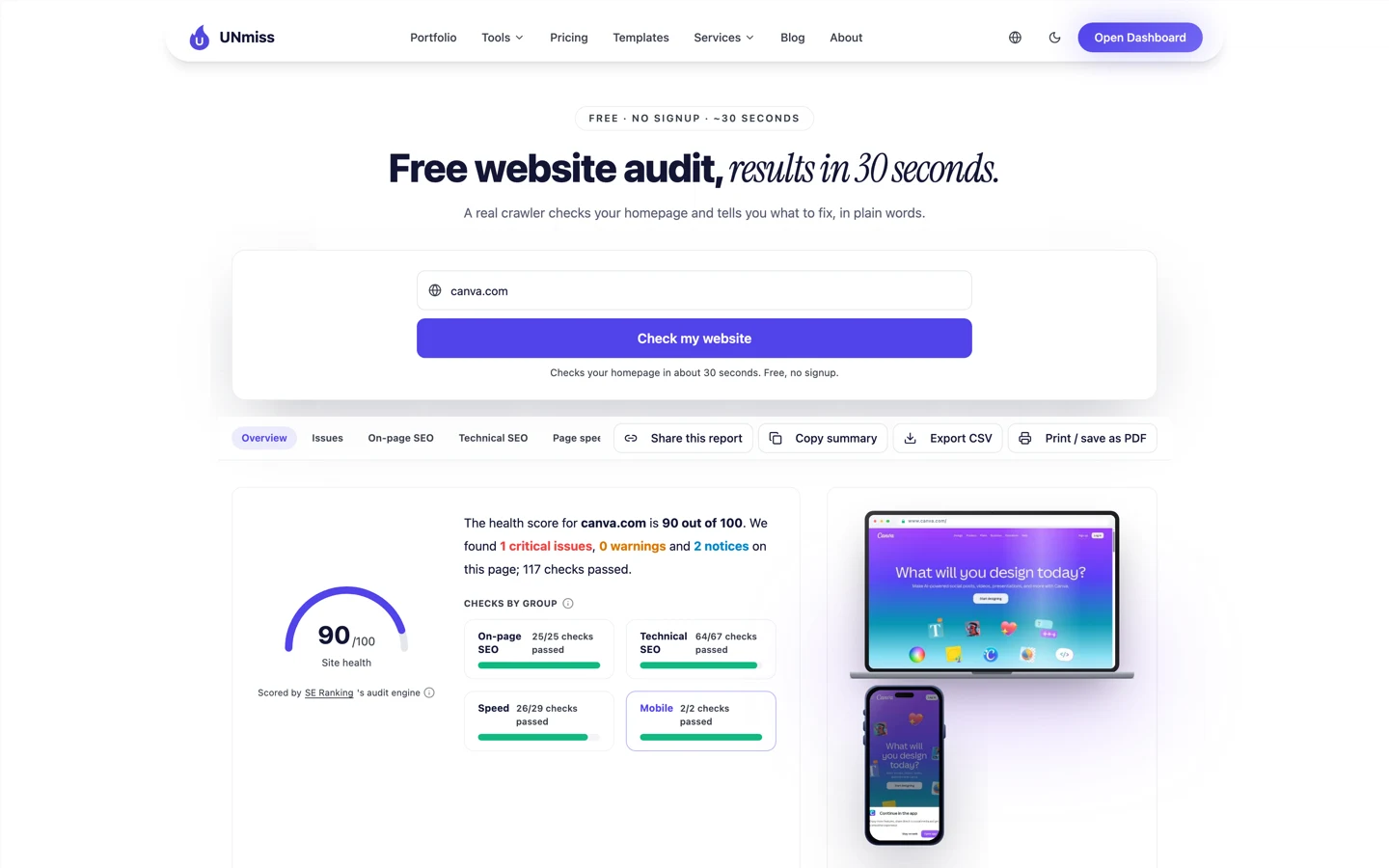 UNmiss Website Audit for canva.com scoring 90 out of 100 site health, with 1 critical issue, 0 warnings, 2 notices and 117 checks passed, and a flagged error reading Noindex pages in XML sitemap.