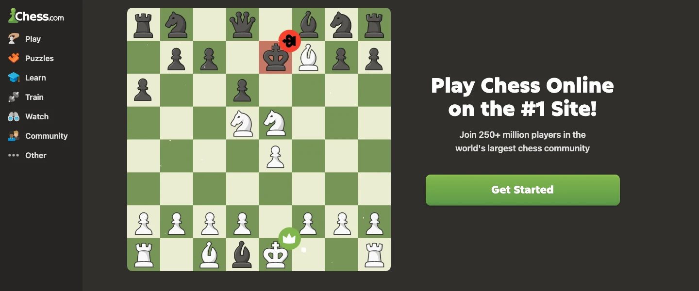 The chess.com homepage: a chess board on the left and the headline Play Chess Online on the #1 Site! with Join 250+ million players in the world's largest chess community and a Get Started button.