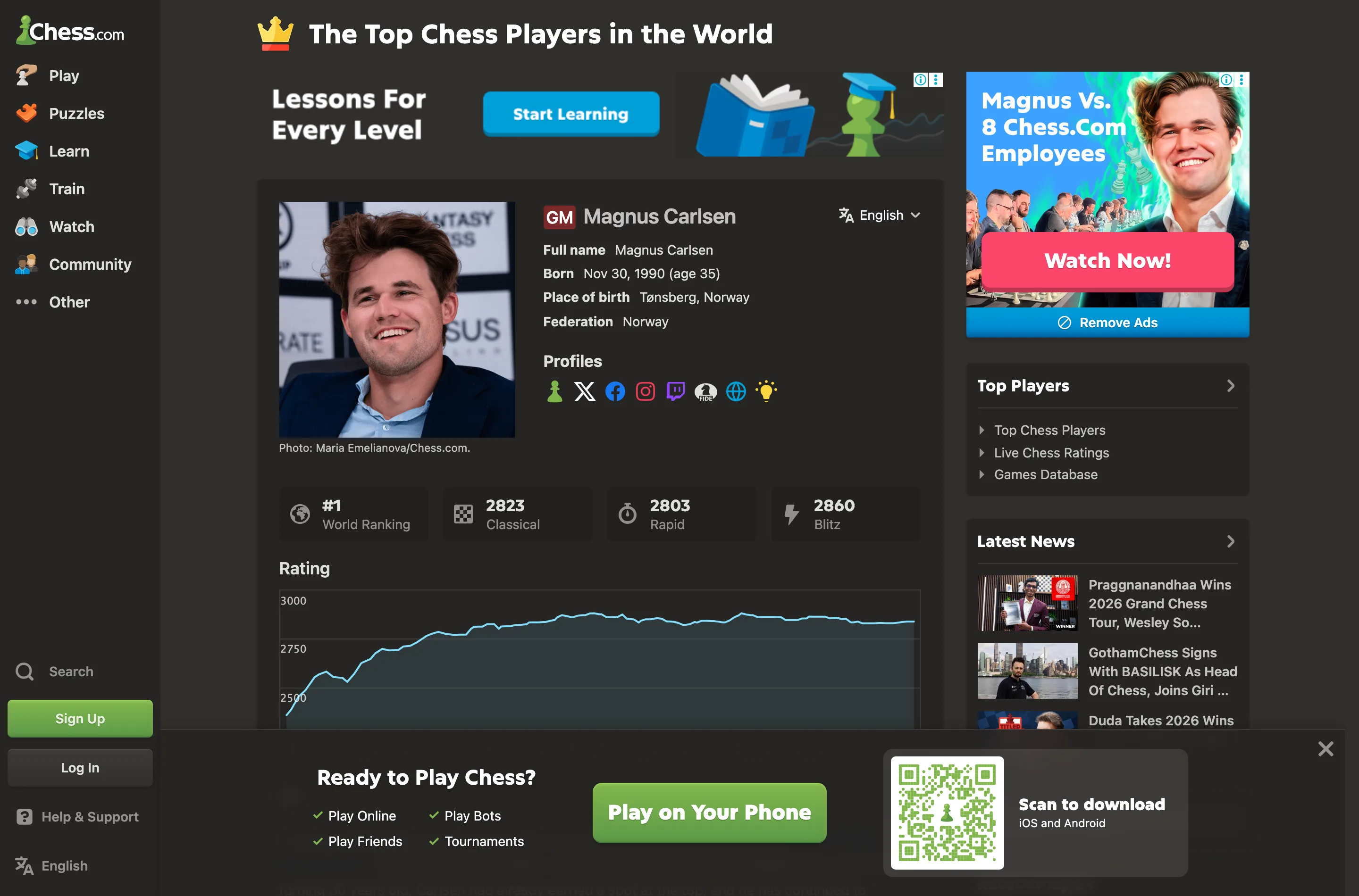 A chess.com player profile page showing a named competitive player, generated from the same template used across more than 800,000 URLs