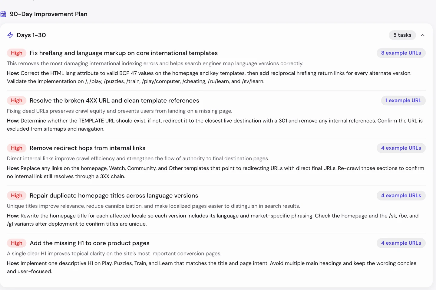 seotools.pro Website Audit AI tab for chess.com on 25 September 2026: a 90-day improvement plan whose first 30 days list 5 high-priority tasks, starting with fixing hreflang and language markup on core international templates, then the broken 4XX URL, redirect hops in internal links, duplicate homepage titles and missing H1 headings, each with a reason and a how-to.