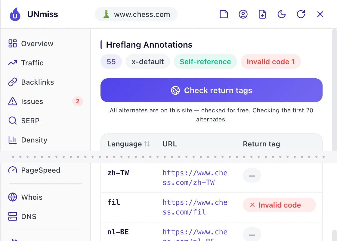 The UNmiss browser extension open on the chess.com homepage, Hreflangs tab: 55 hreflang annotations with x-default and a self-reference, an Invalid code 1 flag, and the fil row for https://www.chess.com/fil marked Invalid code.