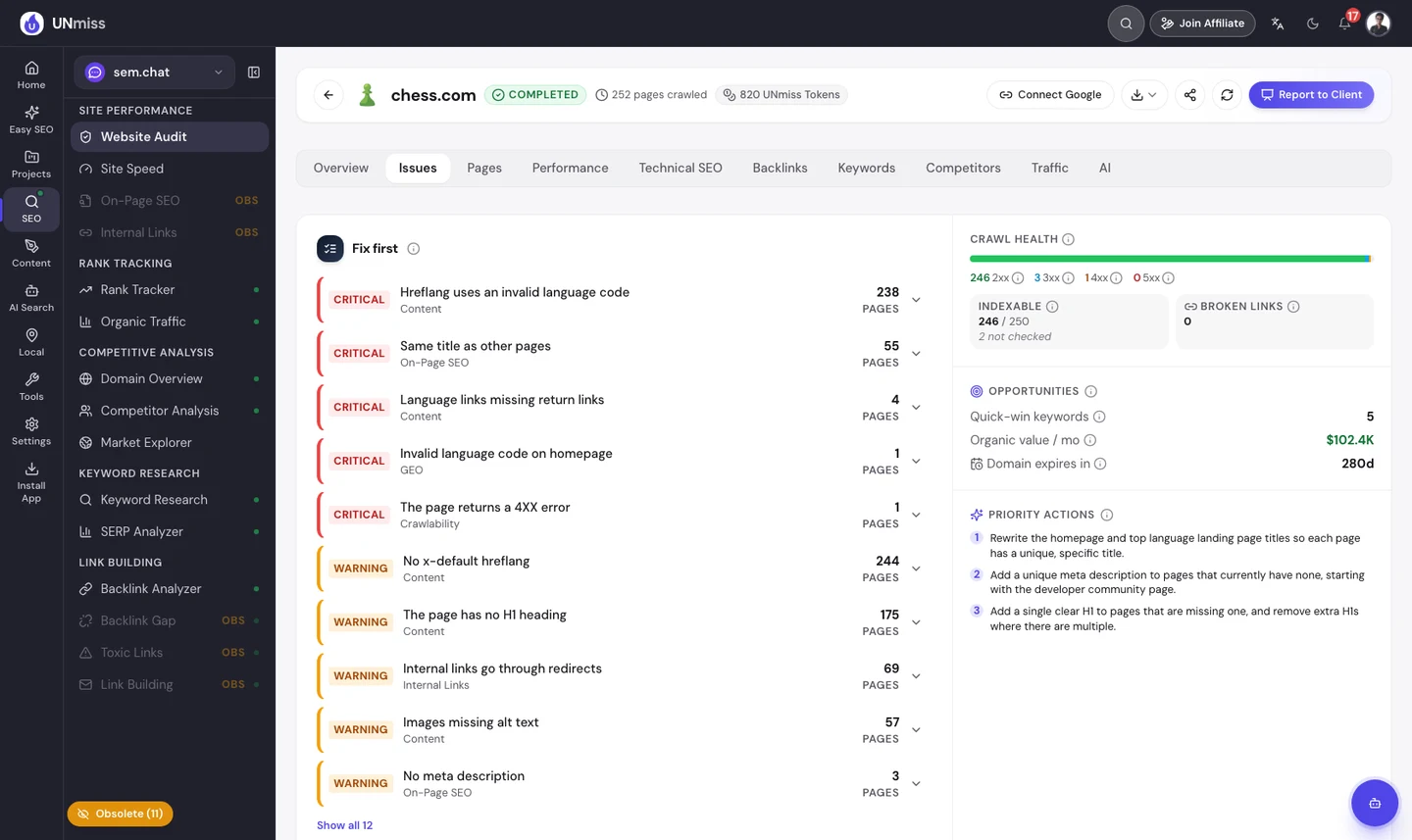 seotools.pro Website Audit issues for chess.com: critical errors for hreflang using an invalid language code on 238 pages, duplicate titles on 55 pages, language links missing return links on 4 pages and an invalid language code on the homepage, with warnings for 244 pages without x-default hreflang and 175 pages with no H1.
