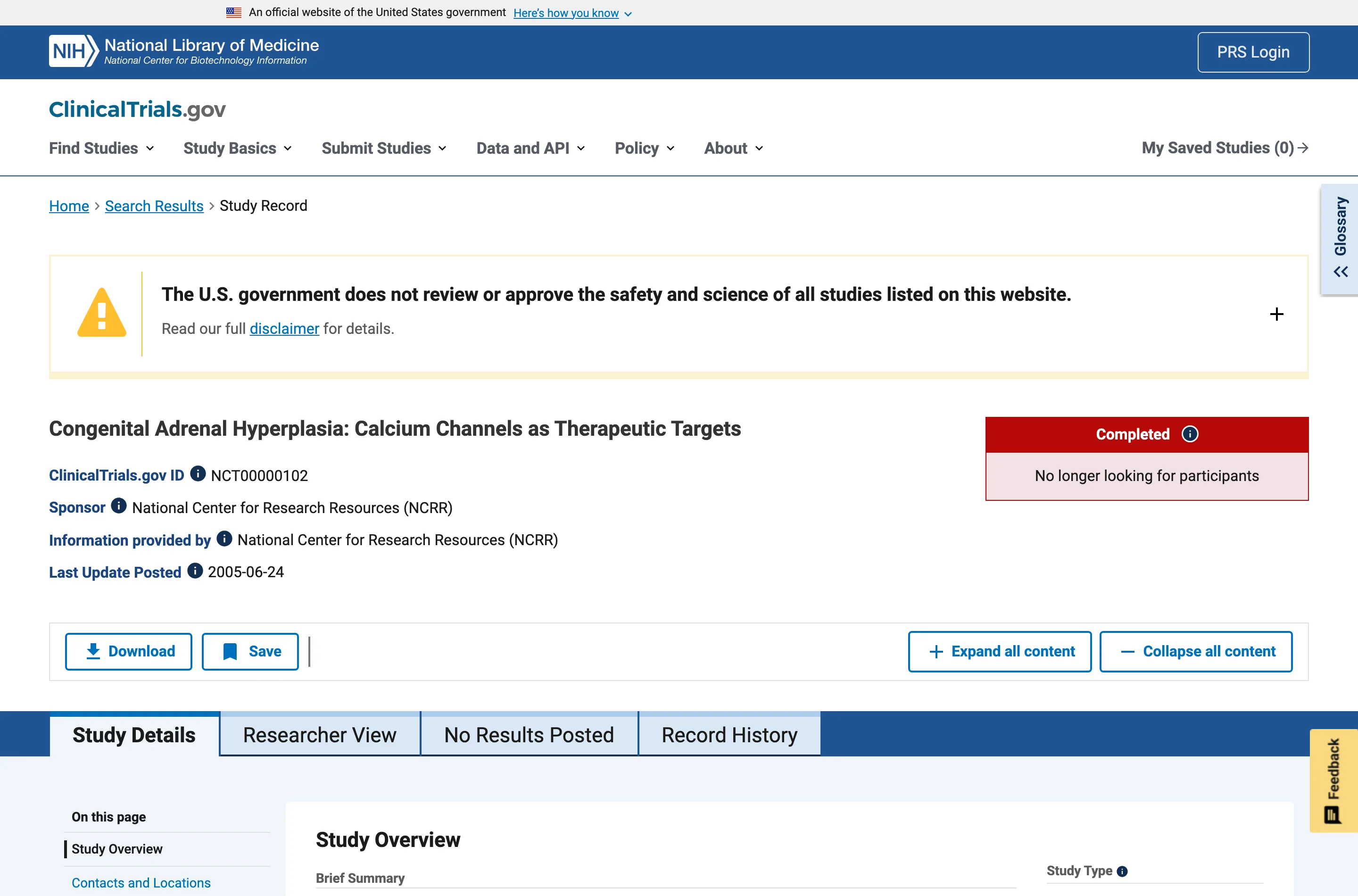 A ClinicalTrials.gov study record page showing the trial title, NCT identifier, status and sponsor details rendered in the browser