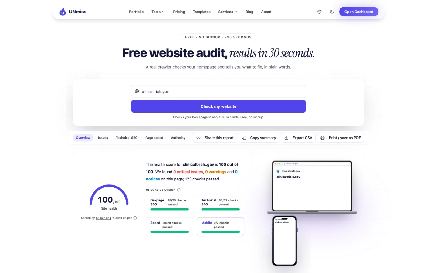 UNmiss Website Audit for clinicaltrials.gov scoring 100 out of 100 site health, with 0 critical issues, 0 warnings, 0 notices and 123 checks passed.