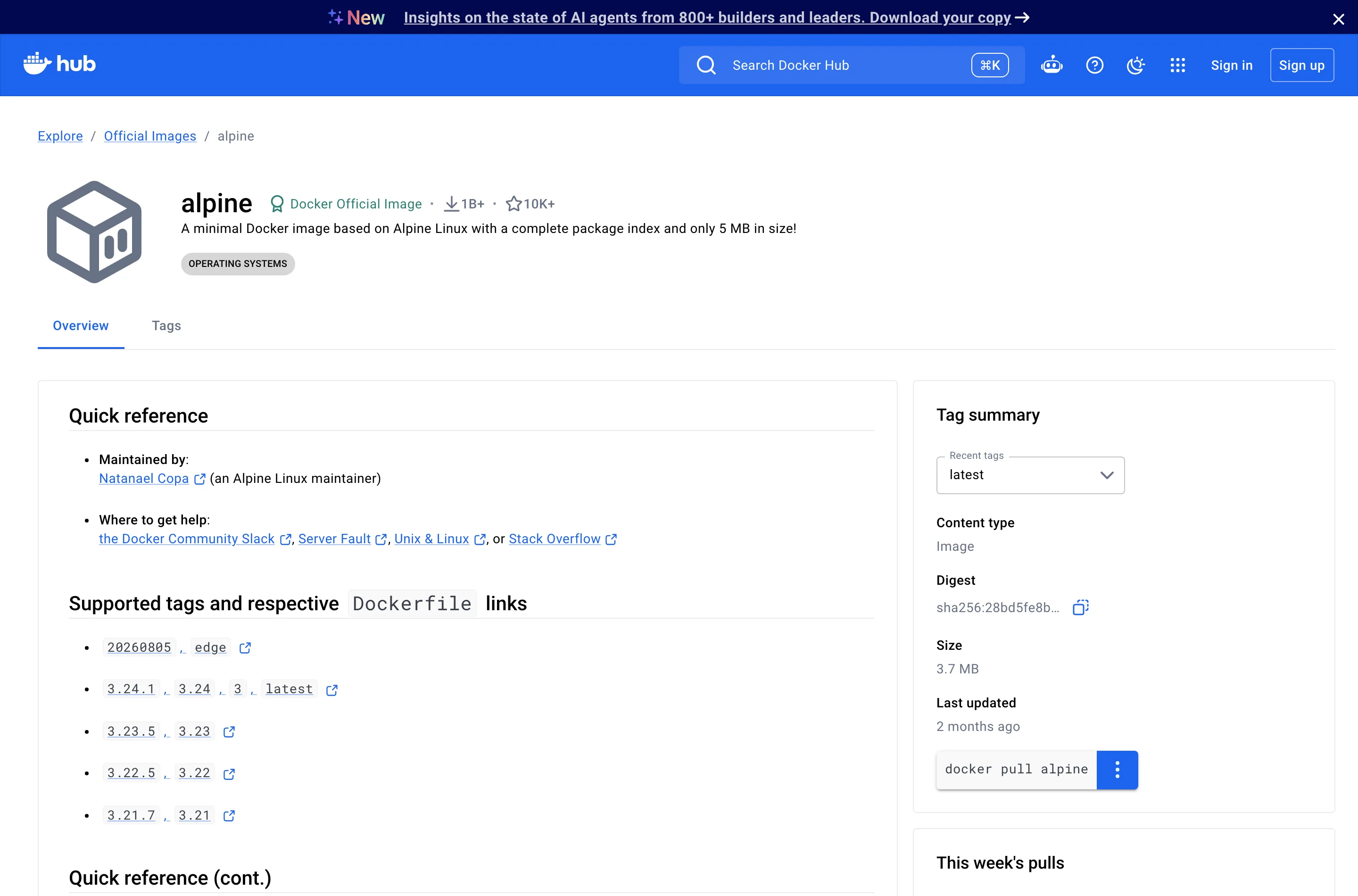 A Docker Official Image page on Docker Hub, showing the image name, description and pull instructions