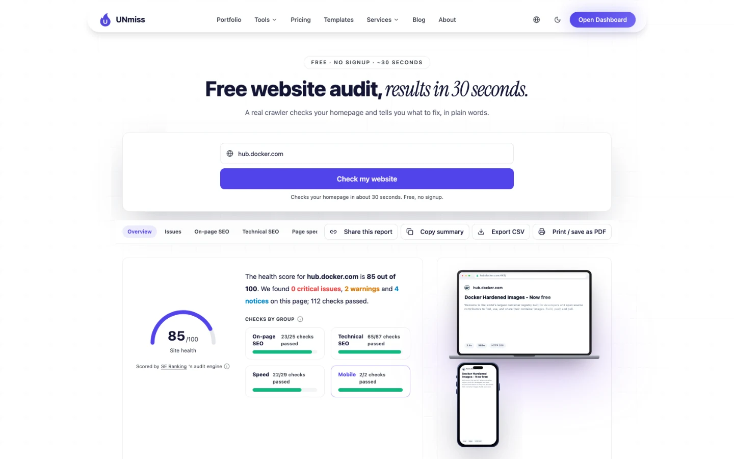 UNmiss Website Audit for hub.docker.com scoring 85 out of 100 site health, with 0 critical issues, 2 warnings, 4 notices and 112 checks passed.