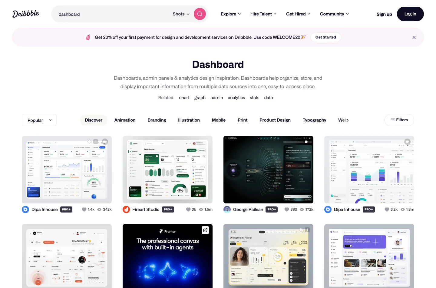 A Dribbble internal search results page, showing a grid of finished design work rather than a list of links.