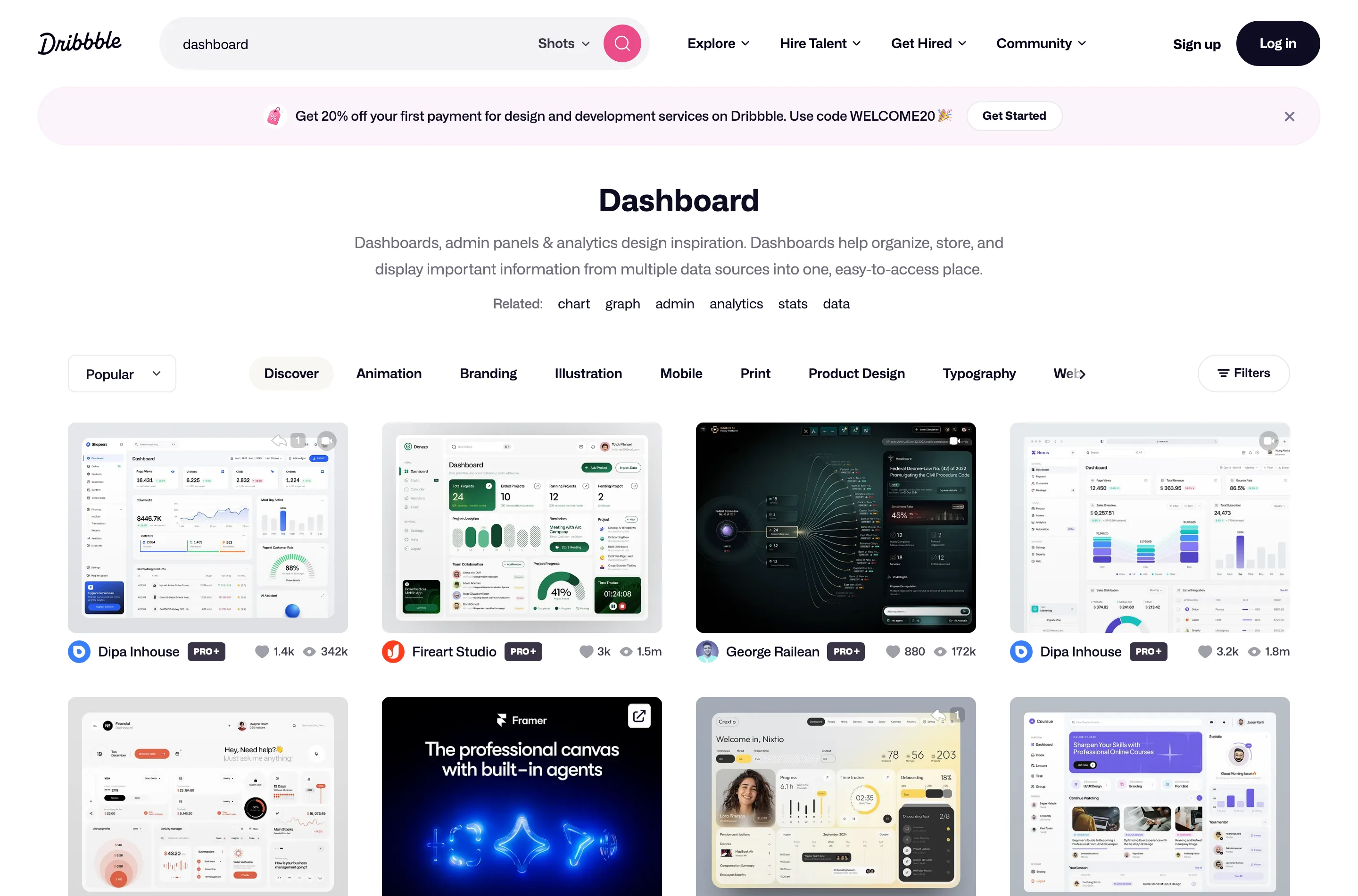 A Dribbble internal search results page, showing a grid of design shot thumbnails for a single query