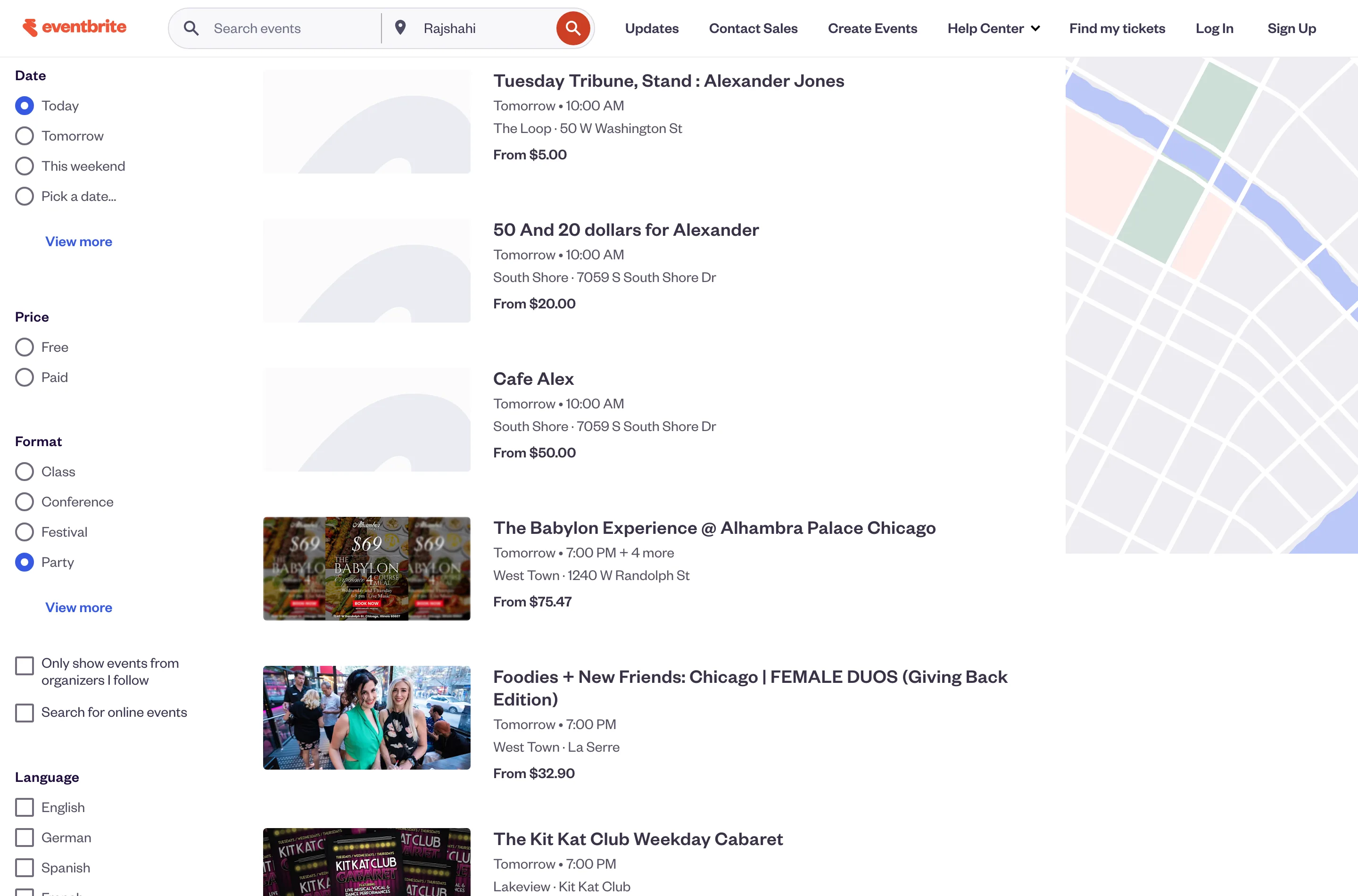 An Eventbrite filtered browse page with the Date filter set to Today and the Format filter set to Party, showing a list of events where every single result is labelled Tomorrow.