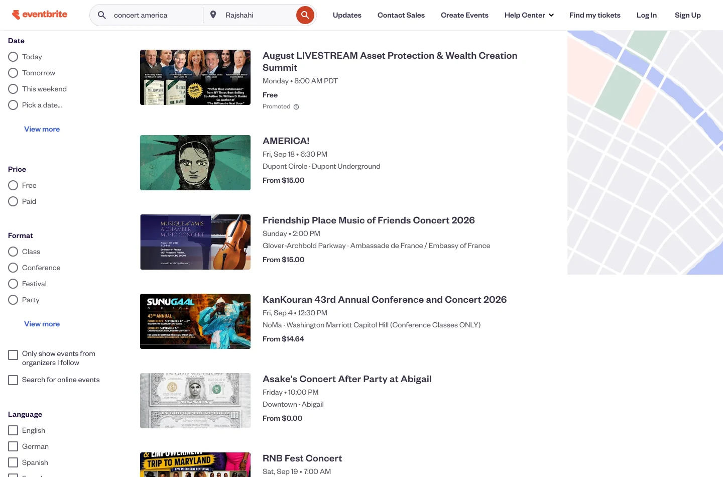 An Eventbrite faceted browse page listing events filtered by city and category.