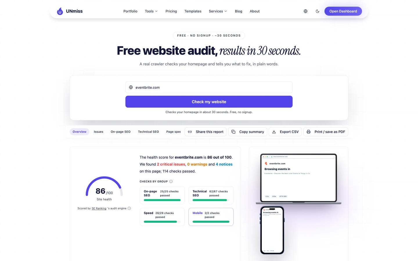 UNmiss Website Audit for eventbrite.com scoring 86 out of 100 site health, with 2 critical issues, 0 warnings, 4 notices and 114 checks passed.