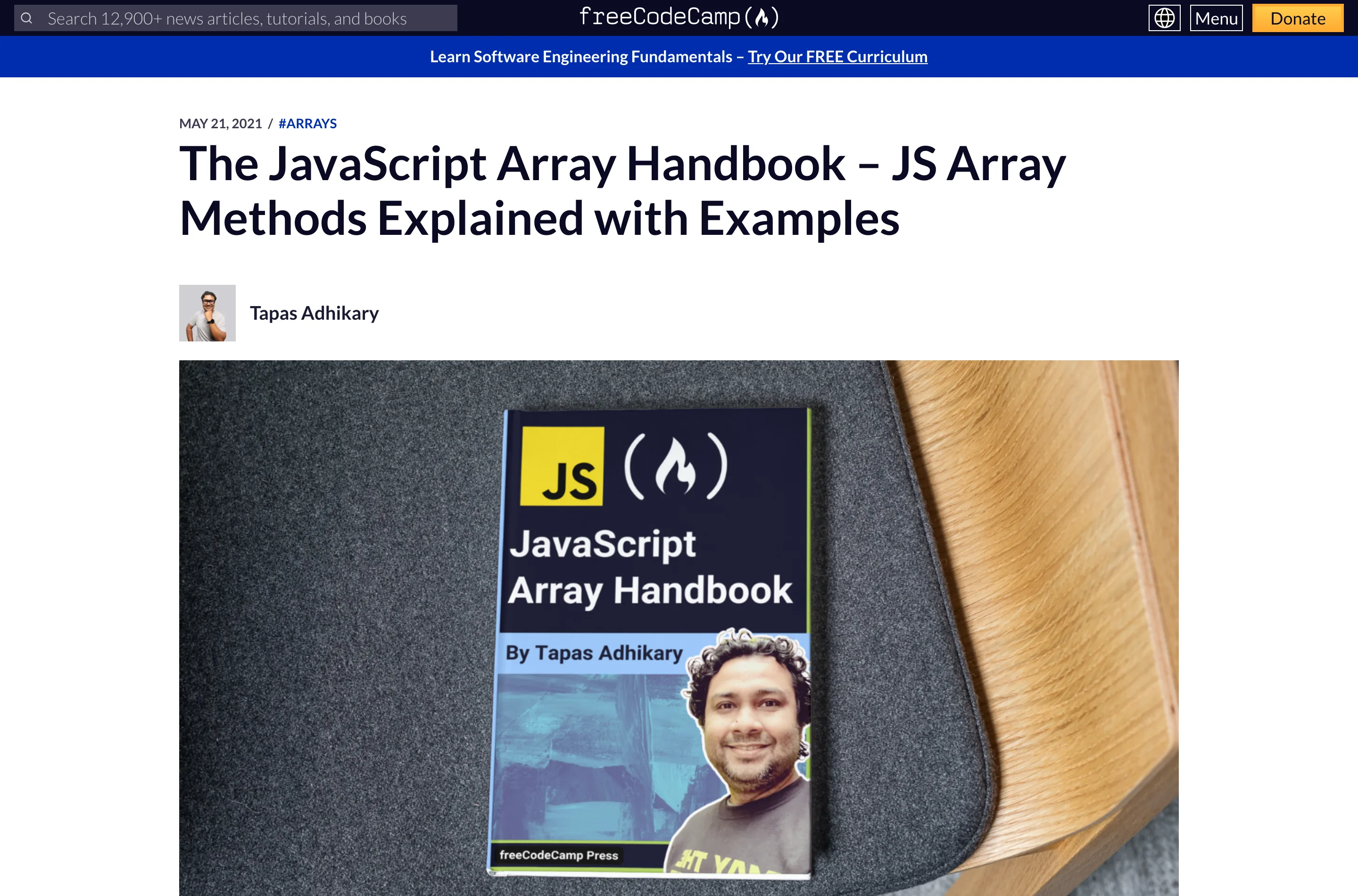 A freeCodeCamp News tutorial page open in a browser, showing the article title, author line and body text.