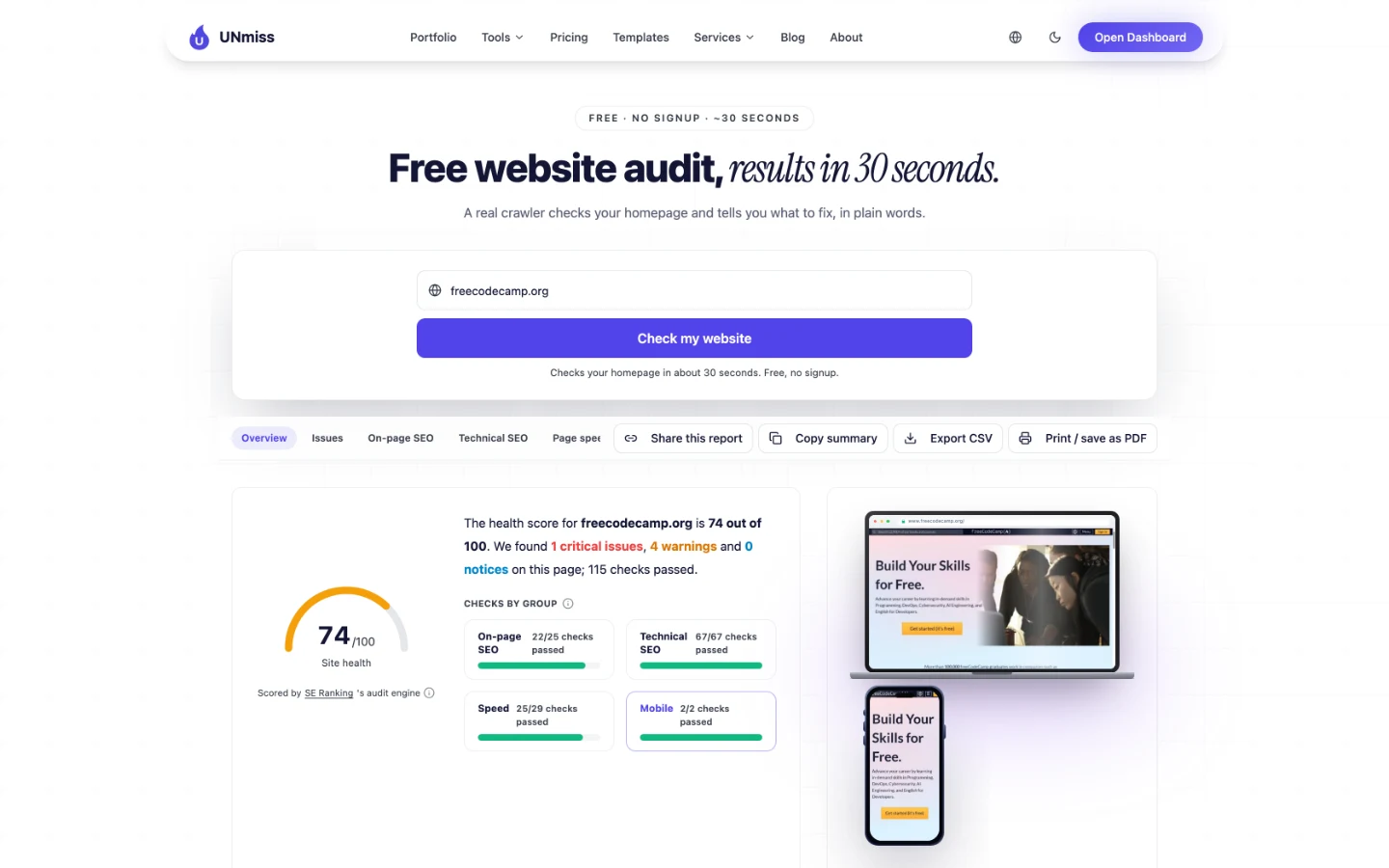 UNmiss Website Audit for freecodecamp.org scoring 74 out of 100 site health, with 1 critical issue, 4 warnings, 0 notices and 115 checks passed.