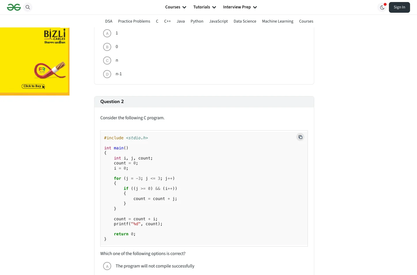 A GeeksforGeeks quiz page showing a numbered question with a C program in a code block and four multiple-choice answers to select from.