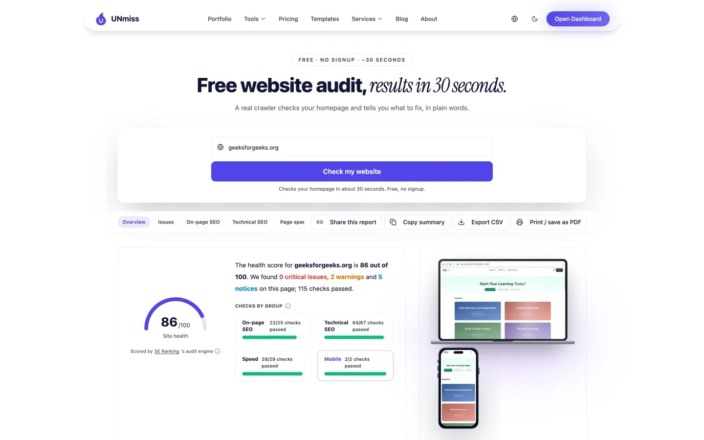 UNmiss Website Audit for geeksforgeeks.org scoring 86 out of 100 site health, with 0 critical issues, 2 warnings, 5 notices and 115 checks passed, plus Google PageSpeed scores of 49 mobile and 61 desktop.