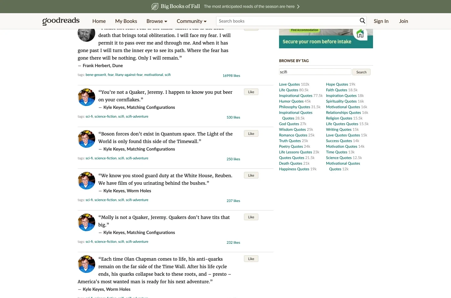 A Goodreads quote tag page, collecting quotes on one theme with each quote carrying further tags.