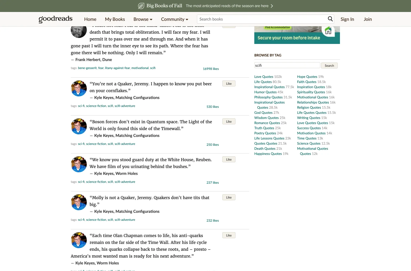 A Goodreads quote tag page for scifi, listing quotes from novels with their author and book, each quote carrying several tag links, alongside a Browse By Tag sidebar showing tag sizes such as Love Quotes 102k and Life Quotes 80.5k.