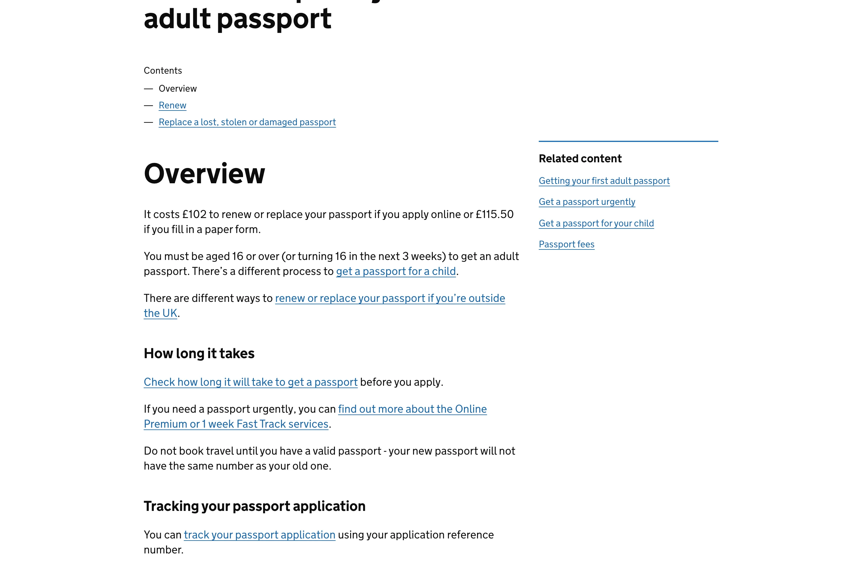 The GOV.UK page for renewing an adult passport, showing a short overview in plain English with a green start button and a list of numbered steps.