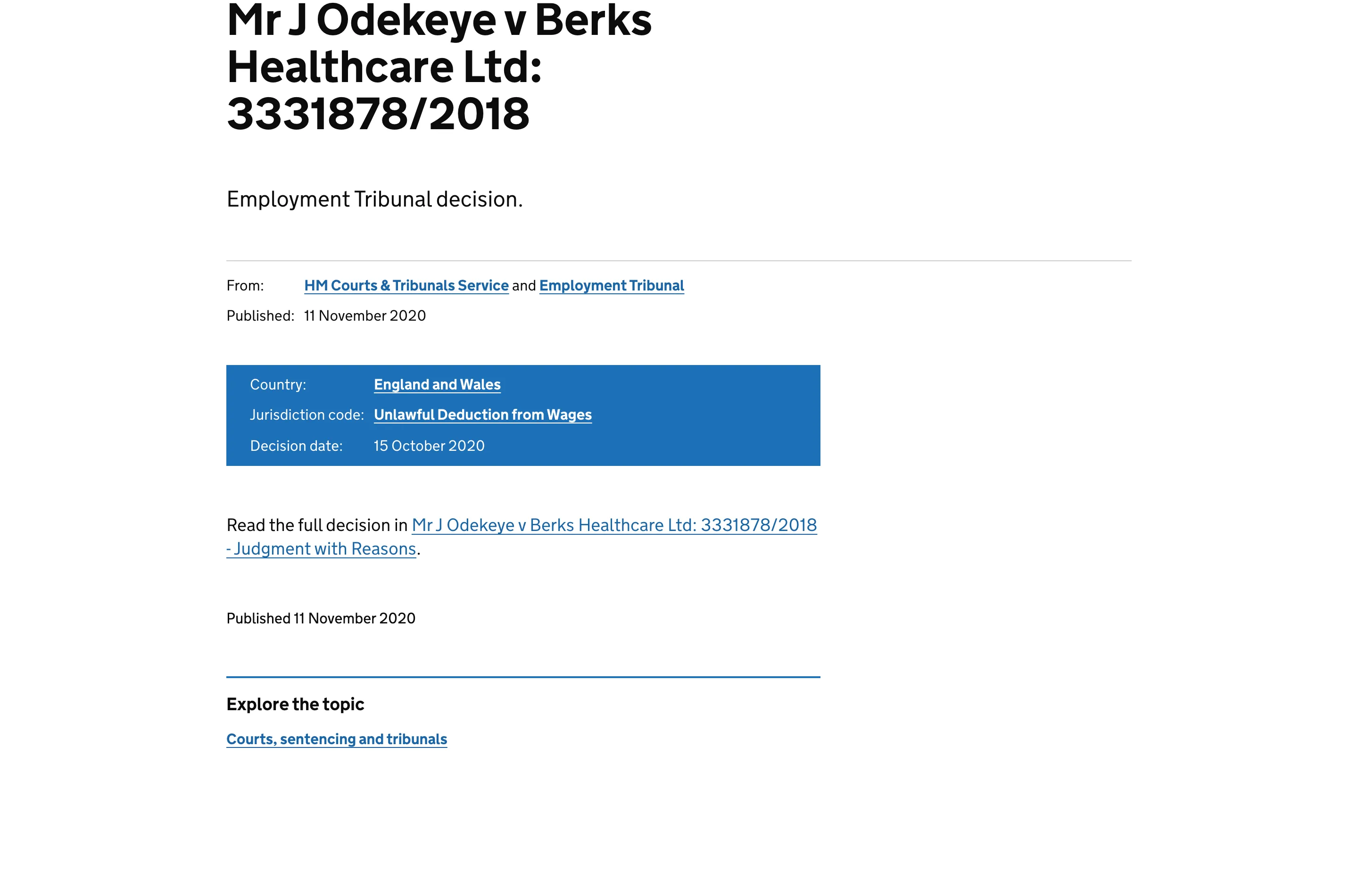 A GOV.UK employment tribunal decision page, showing a case name and reference number, a published date and a link to download the ruling as a document.
