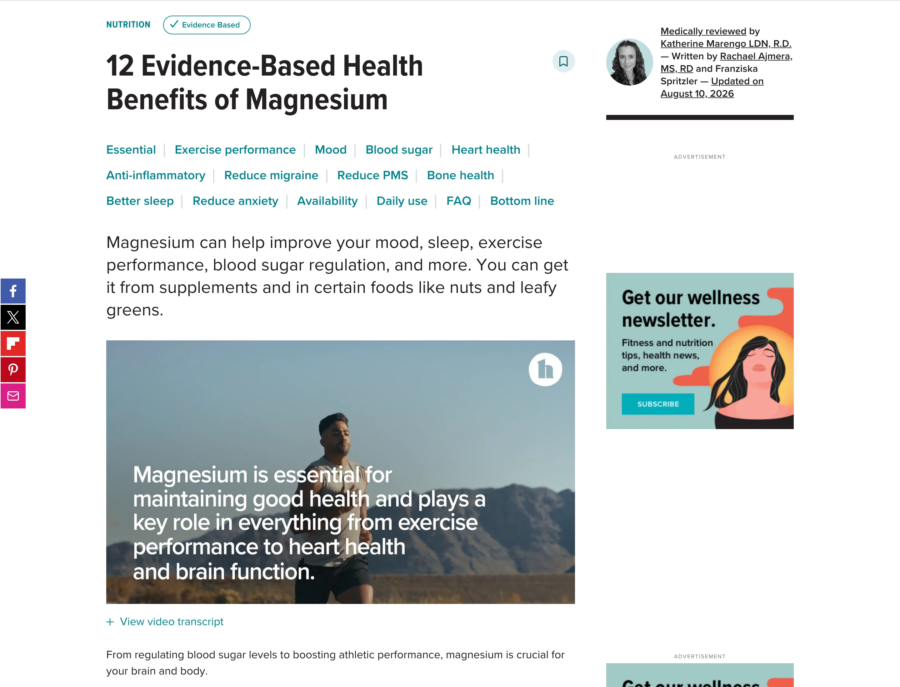 A Healthline article headed 12 Evidence-Based Health Benefits of Magnesium, with an Evidence Based badge, and a byline block showing a photograph of the reviewer beside the words Medically reviewed by Katherine Marengo LDN, R.D., written by Rachael Ajmera, MS, RD and Franziska Spritzler, updated on August 10, 2026.