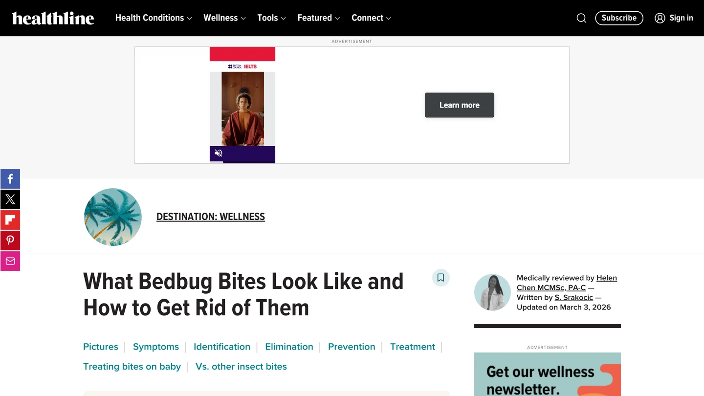 Healthline's article What Bedbug Bites Look Like and How to Get Rid of Them, with section links for pictures, symptoms, identification, elimination, prevention and treatment, and a byline reading Medically reviewed by Helen Chen MCMSc, PA-C, written by S. Srakocic, updated on March 3, 2026.