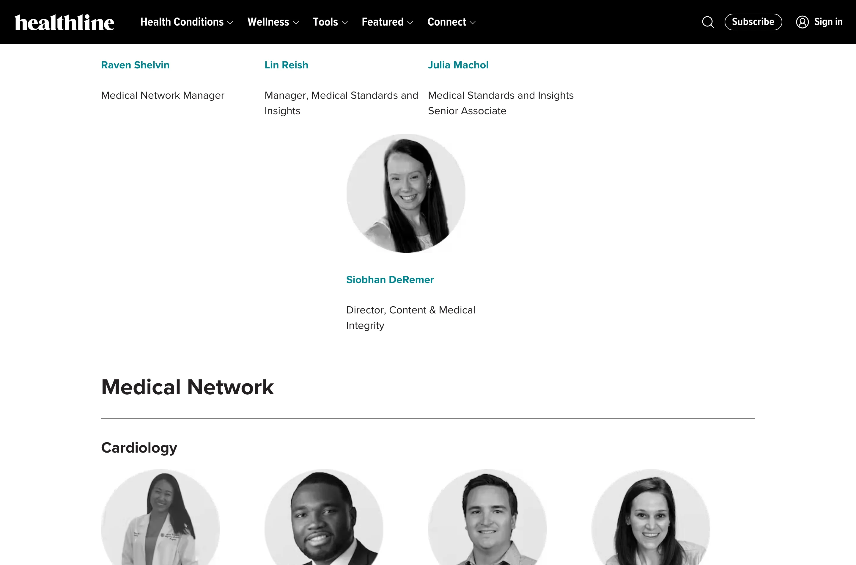 Healthline's Content and Medical Integrity Team page, showing staff roles including Medical Network Manager and Director of Content and Medical Integrity, above a Medical Network section that begins with a Cardiology heading and a row of clinician headshots.