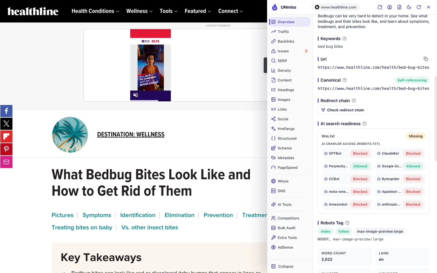 The UNmiss browser extension on a Healthline article showing AI search readiness: llms.txt missing, and AI crawler access from robots.txt with GPTBot, ClaudeBot, CCBot, Bytespider, meta-externalagent, Applebot-Extended, Amazonbot and anthropic-ai blocked, and PerplexityBot and Google-Extended allowed.