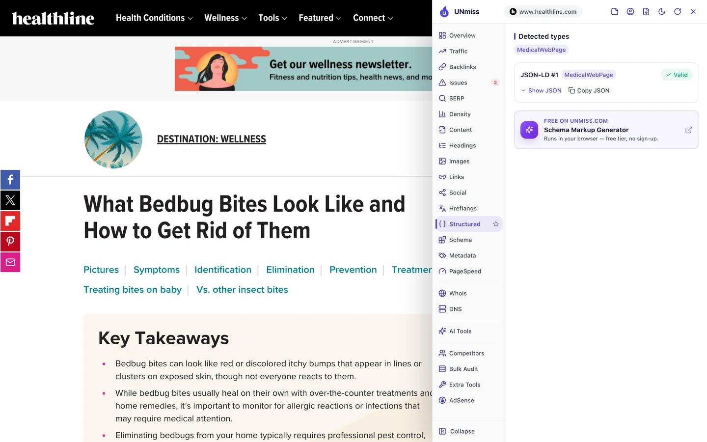 The UNmiss browser extension Structured tab on Healthline's bed bug bites article, showing one valid JSON-LD block of type MedicalWebPage.