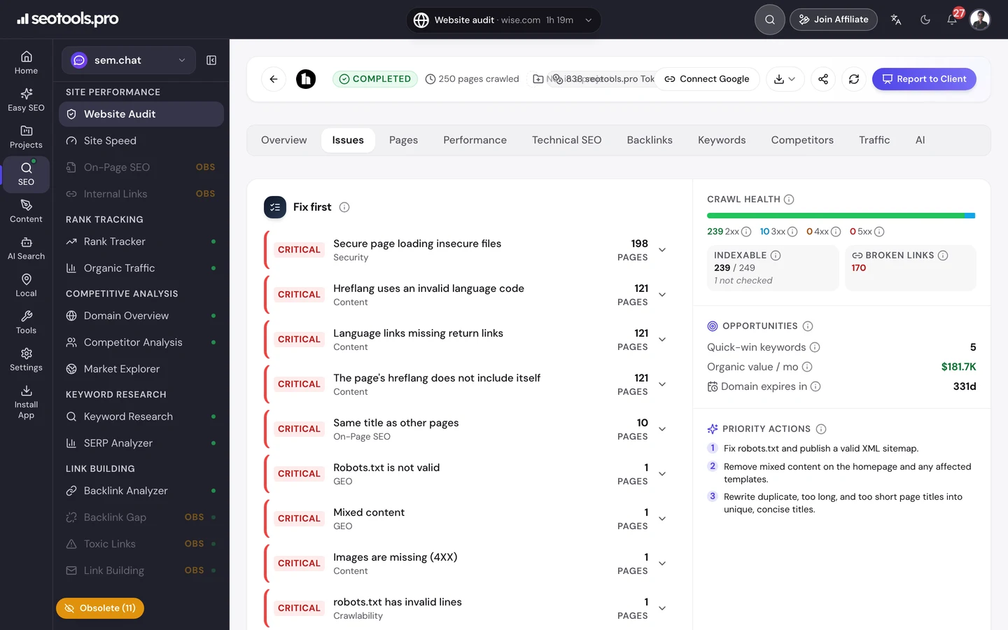 seotools.pro Website Audit issues for www.healthline.com: critical errors led by a secure page loading insecure files on 198 pages, then language and title issues, robots.txt lines and mixed content, next to crawl health and priority actions.