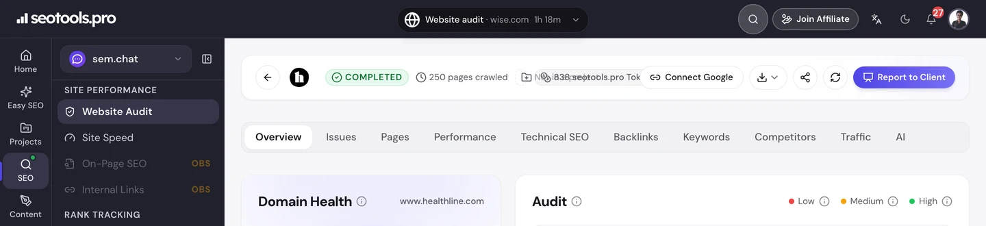 seotools.pro Website Audit for www.healthline.com, September 2026: 250 pages crawled, a domain health score of 58 rated fair, and 573 critical errors, 555 warnings and 1,184 notices.