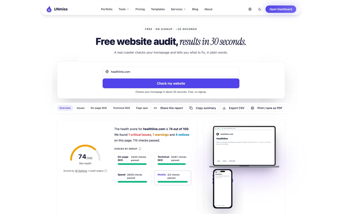 UNmiss Website Audit for healthline.com scoring 74 out of 100 site health, with 1 critical issue, 1 warning, 4 notices and 115 checks passed.
