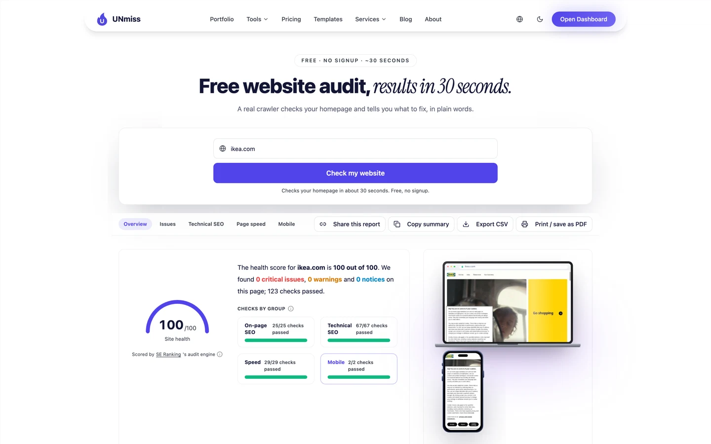 seotools.pro Website Audit for ikea.com scoring a perfect 100 out of 100 site health, with 0 critical issues, 0 warnings, 0 notices and 123 checks passed.
