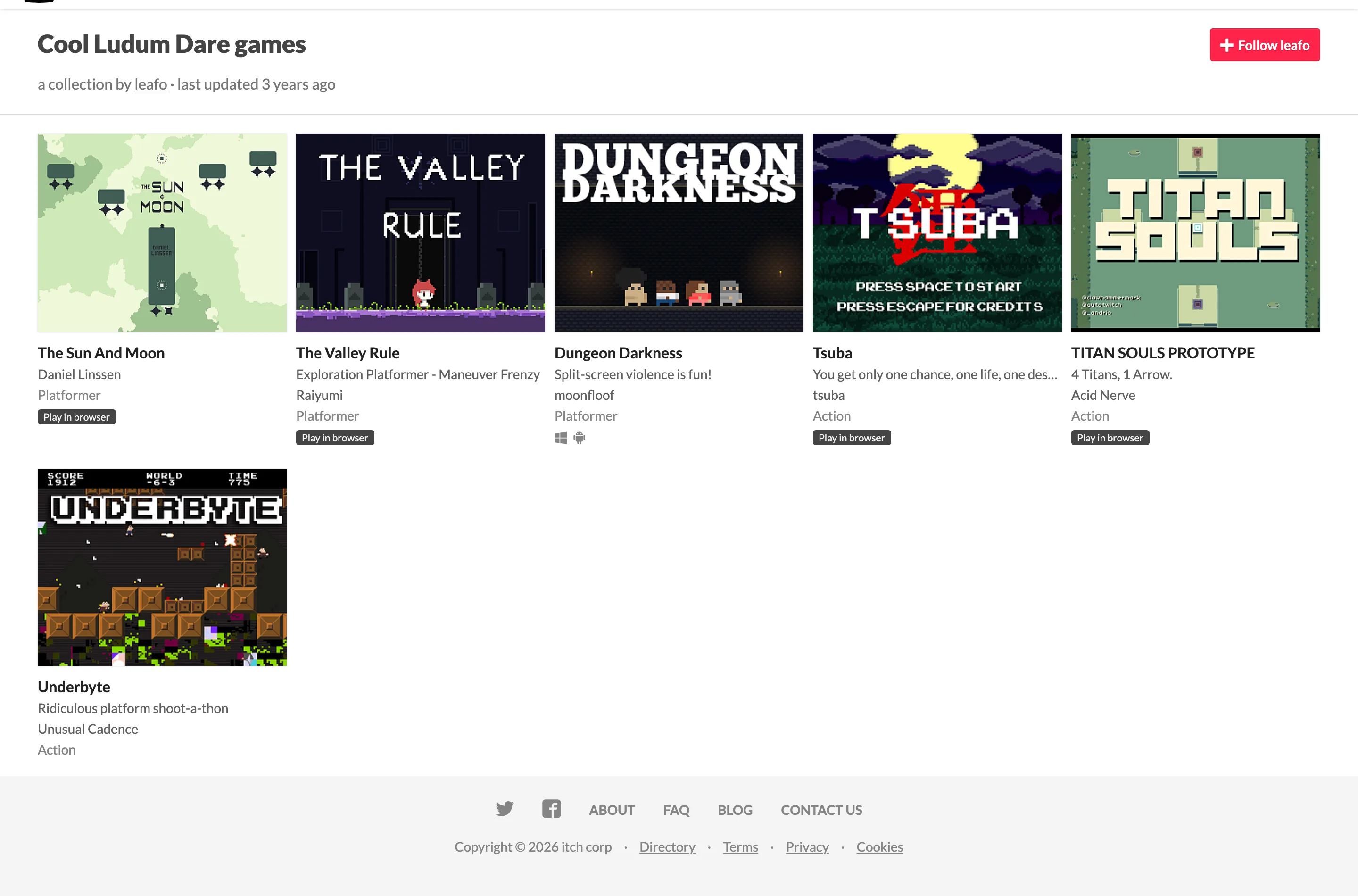 An itch.io collection page titled Cool Ludum Dare games, described as a collection by a user and last updated three years ago, showing six game thumbnails with titles, authors and genres.