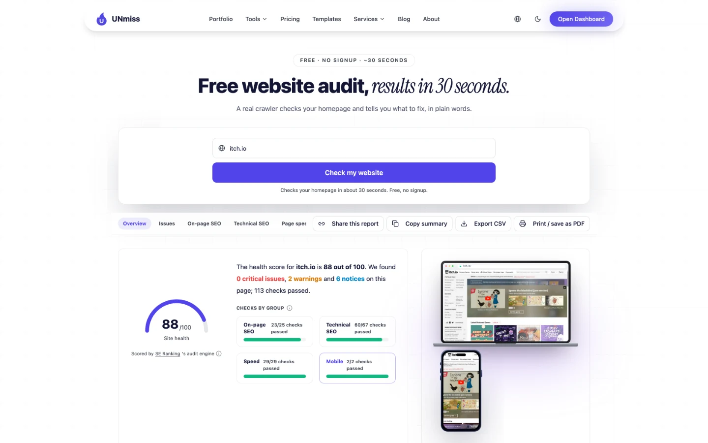 UNmiss Website Audit for itch.io scoring 88 out of 100 site health, with 0 critical issues, 2 warnings, 6 notices and 113 checks passed.