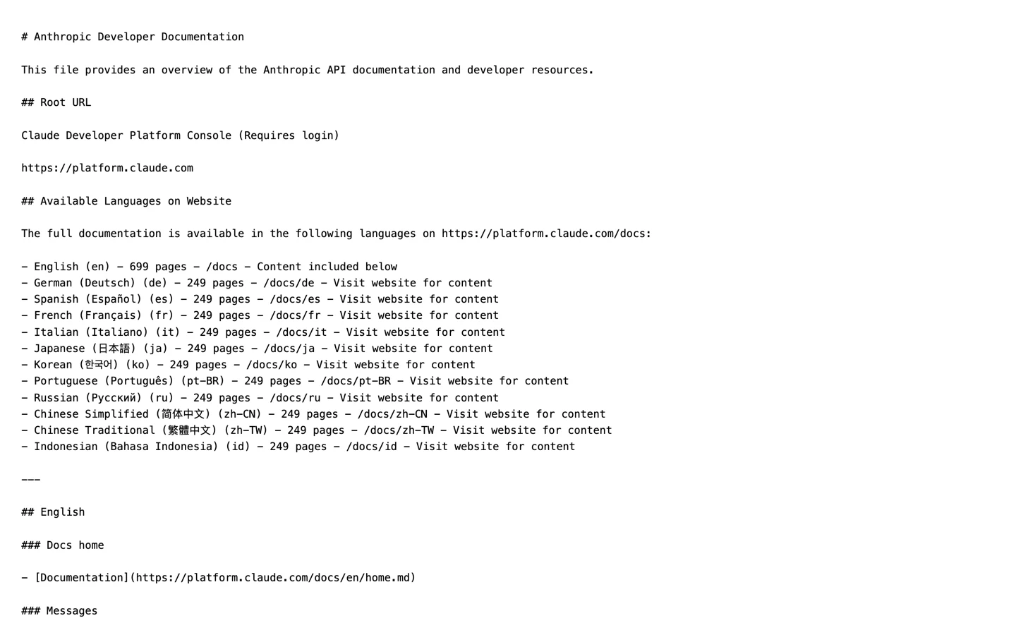 The llms.txt file served by docs.anthropic.com, a long markdown index of documentation pages with one-line descriptions.